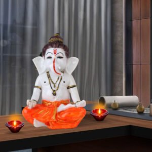 Meditating Ganesha Idol Showpiece for Home Decor (Orange) Marble - 8 Inch - Image 1