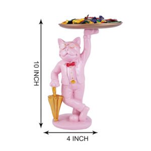 Pink French Bulldog Candy Dish Butler – 10-Inch Decorative Dog Figurine with Gold Tray & Umbrella - Image 3
