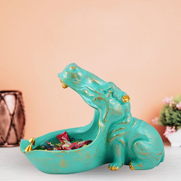 Teal Hippo Candy Holder Statue – 8 inches Resin Art