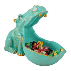 Teal Hippo Candy Holder Statue – 8 inches Resin Art - Image 2