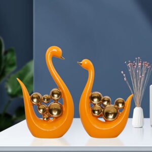 Orange Swan Figurines – Set of 2 with Golden Accents(H- 26 & 23 cm) - Image 1