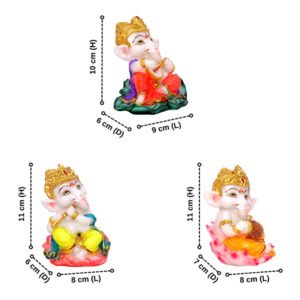 Musician Ganesha Idol Showpiece for Home Decor, Set of 3 (Multicolor) Marble – 4 Inch - Image 3