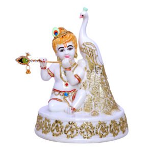 Bal Krishna Statue Sits Beside a Peacock Idol Showpiece for Home Decor (Golden Foil) Marble – 7 Inch - Image 2