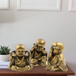 Baby Monk Buddha Idol Showpiece for Home Decor, Set of 3 (Golden) Polyresin – 5.5 Inch - Image 1