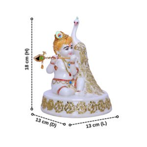Bal Krishna Statue Sits Beside a Peacock Idol Showpiece for Home Decor (Golden Foil) Marble – 7 Inch - Image 3