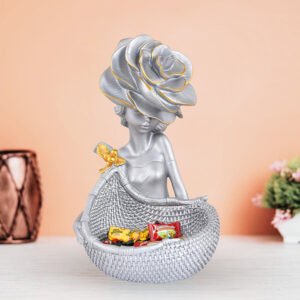 Elegant Silver Lady Statue with Basket – 11” High - Image 1
