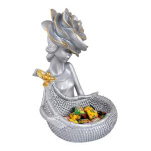 Elegant Silver Lady Statue with Basket – 11” High - Image 2