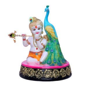 Bal Krishna Statue Sits Beside a Peacock Idol Showpiece for Home Decor (Golden Foil) Marble – 7 Inch - Image 2