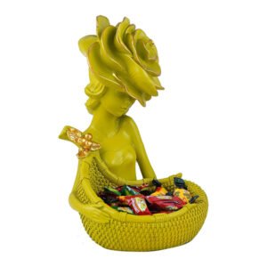 Chic Green Lady Basket Statue – 11” Resin Home Decor