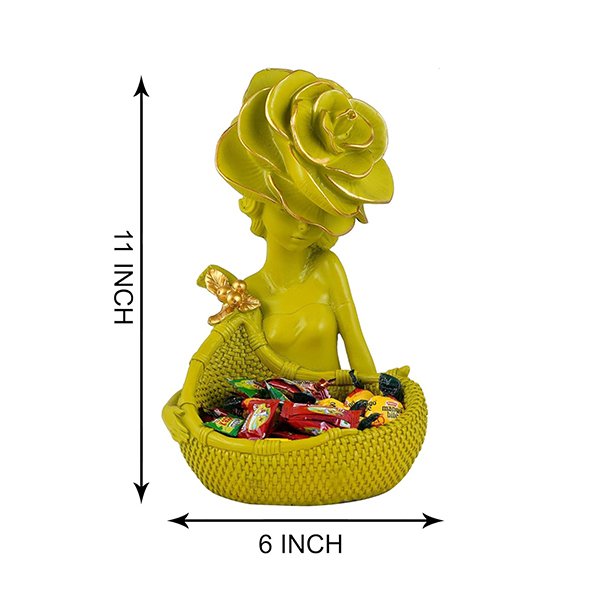 Chic Green Lady Basket Statue – 11” Resin Home Decor