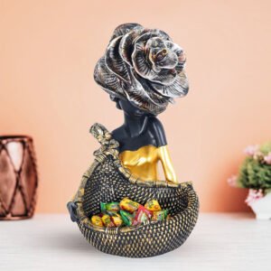 Black & Gold Lady Basket Statue – 11” Resin Decor - Image 1
