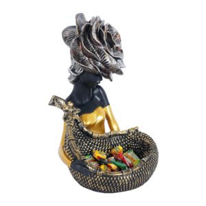 Black & Gold Lady Basket Statue – 11” Resin Decor - Image 2
