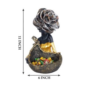 Black & Gold Lady Basket Statue – 11” Resin Decor - Image 3