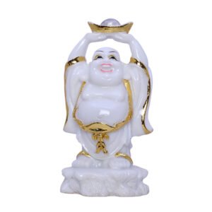 White & Gold Laughing Buddha Statue – 10 cm (H) x 7 cm (L) x 7 cm (D) Feng Shui Figurine for Prosperity & Good Luck - Image 2