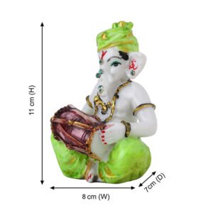 Musician Dholak Ganesha Idol Showpiece (Green) Marble - 4 Inch - Image 2