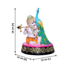 Bal Krishna Statue Sits Beside a Peacock Idol Showpiece for Home Decor (Golden Foil) Marble – 7 Inch - Image 3