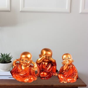 Baby Monk Buddha Idol Showpiece for Home Decor, Set of 3 (Red & Golden) Polyresin – 5.5 Inch - Image 1