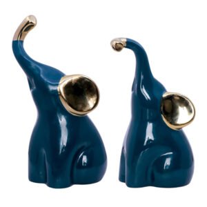 Teal Elephant Figurines – Set of 2 with Golden Ears (H-21.5 & 15 cm) - Image 2