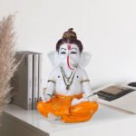 Meditating Ganesha Idol Showpiece for Home Decor (Orange) Marble - 8 Inch