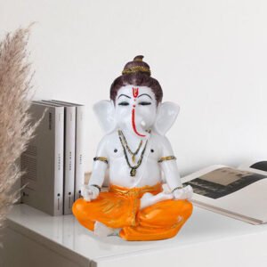 Meditating Ganesha Idol Showpiece for Home Decor (Orange) Marble - 8 Inch
