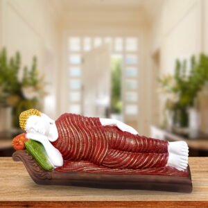 Sleeping Buddha Idol Showpiece for Home Decor (Red & White) Marble – 7.5 Inch - Image 1