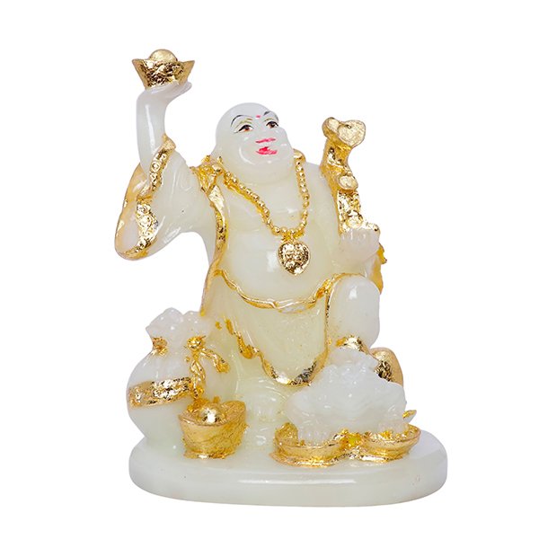 White & Gold Laughing Buddha with Wealth Symbols (H-18cm)
