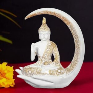 Chand Buddha Idol Showpiece for Home Decor (White & Golden) Polyresin – 10 Inch - Image 1