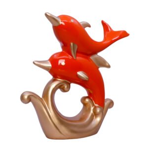 Orange Dolphin Duo Figurine on Golden Waves – 21 cm - Image 2