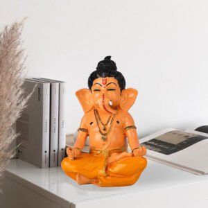 Meditating Ganesha Idol Showpiece for Home Decor (Cream & Orange) Marble - 8 Inch - Image 1