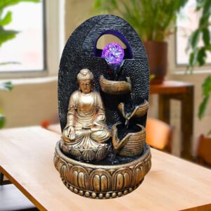 Lord Buddha Water Fountain Showpiece for Home Decor (Black & Golden) Polyresin – 15 Inch - Image 1
