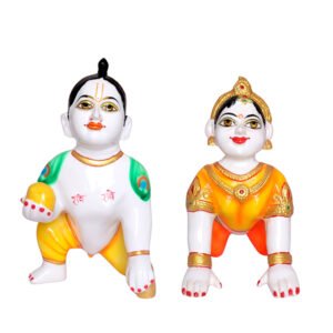 Laddu Gopal with Radha Rani Idol Showpiece for Home Decor (Orange) Marble - 13 Inch - Image 2