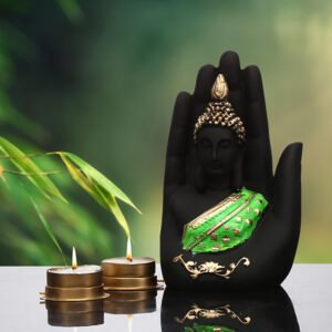 Palm Buddha Showpiece for Home Decor (Green & Black) Polyresin - 7 Inch - Image 1