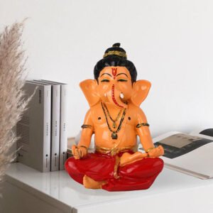 Meditating Ganesha Idol Showpiece for Home Decor (Cream & Red) Polyresin - 8 Inch - Image 1