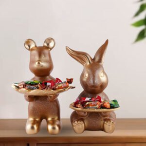 6-Inch Gold Animal Candy Holder Set - Bear & Bunny Decorative Trays - Image 1