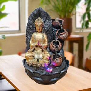 Lord Buddha Water Fountain Showpiece for Home Decor (Black & Golden) Polyresin – 15 Inch - Image 1