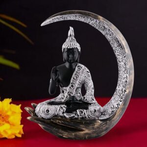 Chand Buddha Idol Showpiece for Home Decor (White & Black) Polyresin – 10 Inch - Image 1