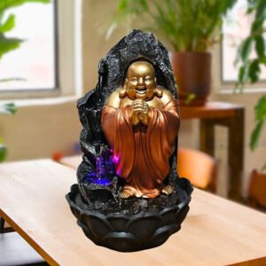 Laughing Buddha Water Fountain Showpiece for Home Decor (Black & Golden) Polyresin – 15 Inch - Image 1