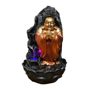 Laughing Buddha Water Fountain Showpiece for Home Decor (Black & Golden) Polyresin – 15 Inch - Image 2