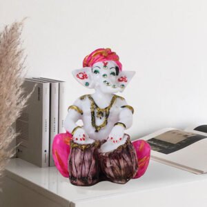Musician Tabla Ganesha Idol Showpiece (Pink) Marble - 4 Inch - Image 1