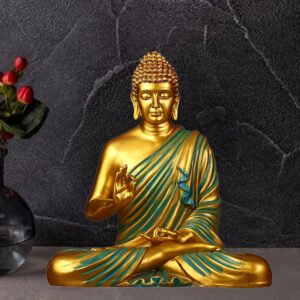 Meditation Big Buddha Showpiece for Home Decor (Golden & Green) Polyresin - 15 Inch - Image 1