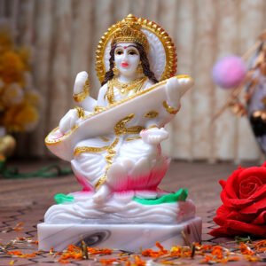 Goddess Maa Saraswati Idol Showpiece (White) Marble - 6 Inch - Image 1
