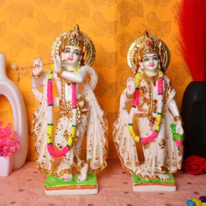 Jugal Jodi Radha & Krishna Idol Showpiece for Home Decor (Golden Foil Work) Marble - 15 Inch - Image 1