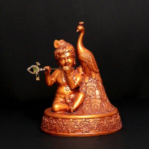 Bal Krishna with Peacock Idol Showpiece for Home Decor (Red & Golden) Polyresin - 7 Inch - Image 1