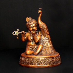Bal Krishna with Peacock Idol Showpiece for Home Decor (Golden) Polyresin - 7 Inch - Image 1
