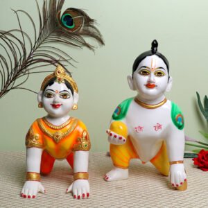 Laddu Gopal with Radha Rani Idol Showpiece for Home Decor (Orange) Marble - 13 Inch - Image 1