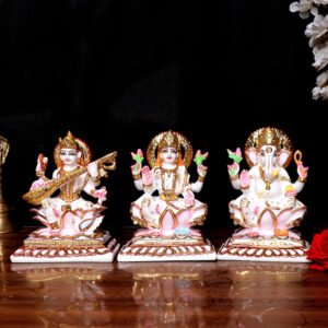 Laxmi, Ganesh & Saraswati Idol Showpiece for Home Decor (White) Marble – 6 Inch - Image 1