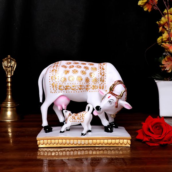 Kamdhenu Cow & Calf Idol Showpiece for Home Decor (Muticolor) Marble – 6 Inch