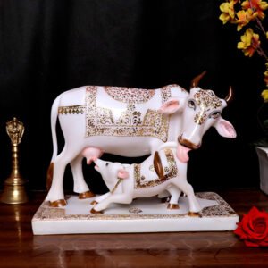 Kamdhenu Cow & Calf Idol Showpiece for Home Decor (Muticolor) Marble – 9 Inch - Image 1