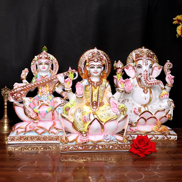 Laxmi-Ganesha & Saraswati Idol Showpiece for Home Decor, Set of 3 (Multicolor) Marble – 12 Inch