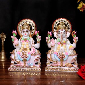 Laxmi-Ganesh Idol Showpiece for Home Decor (White) Marble – 9 Inch - Image 1